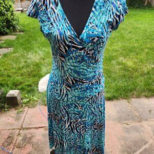 P294. Smashed Lemon Blue Print Ruched Bodiced Dress | 6  NWT
